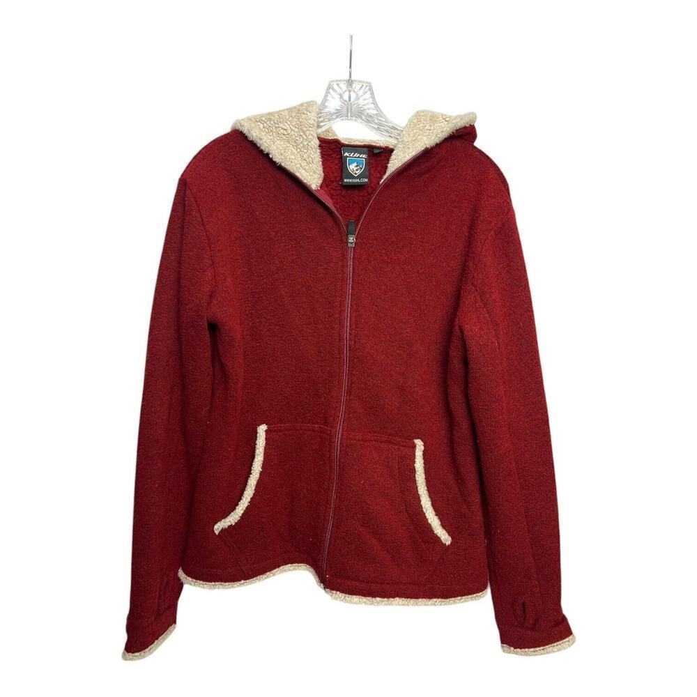 KUHL Apres Hoodie Woman’s Large Full Zip Alfpaca Fleece Shearling Jacket Red